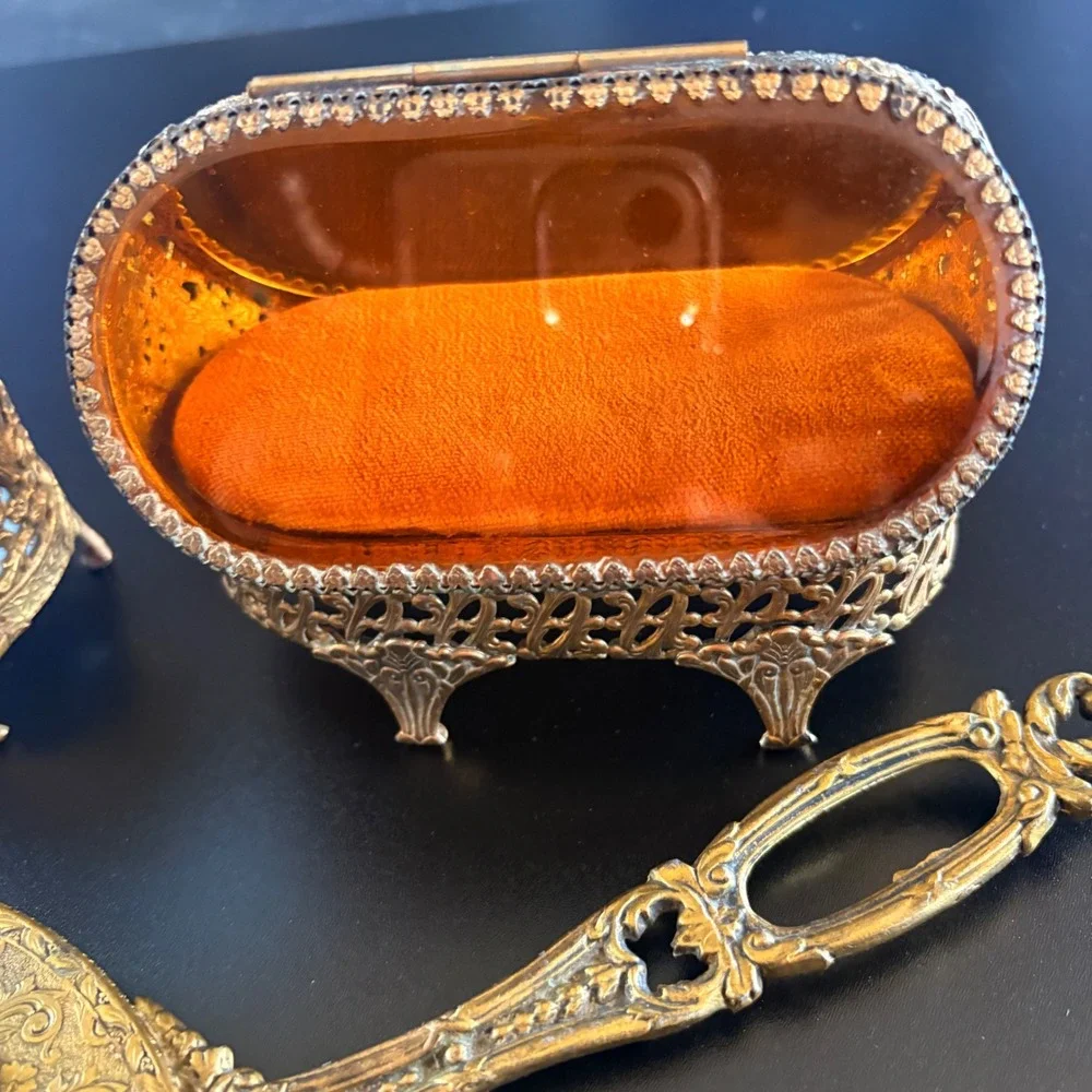 Antique vanity set trinkets case hand mirror‎ brush cup 4 pc amber glass